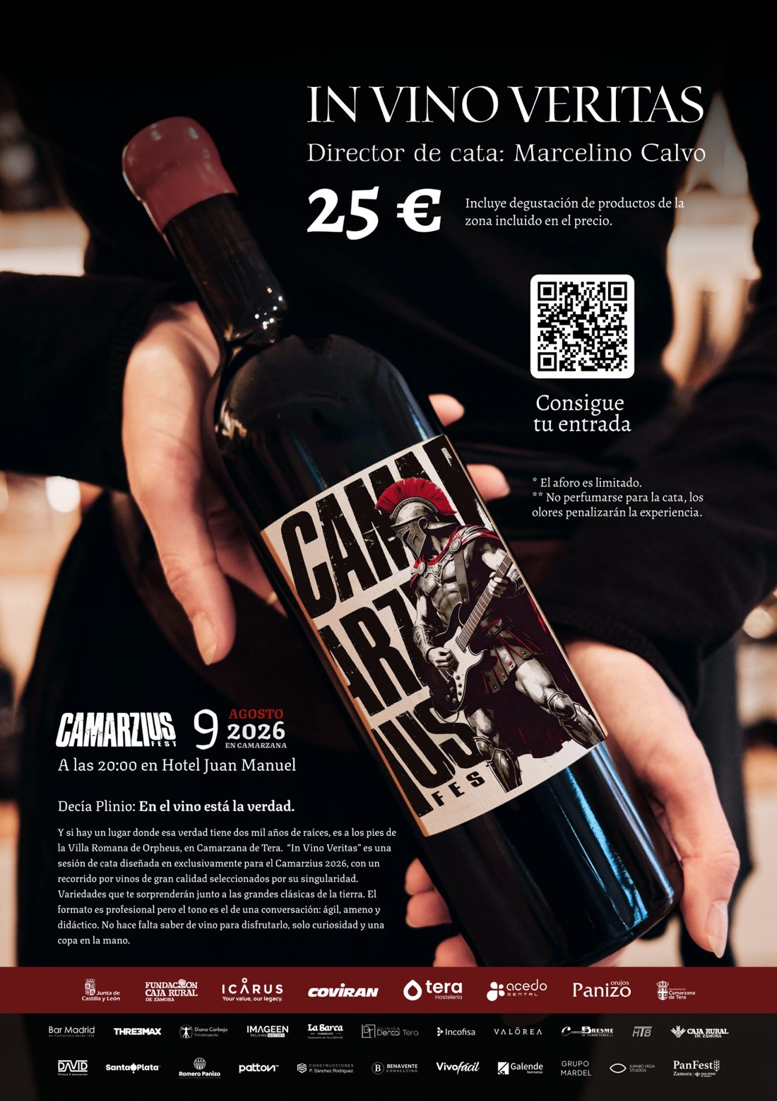 Cartel de In Vino Veritas: cata dirigida por Marcelino Calvo, domingo 9 de agosto de 2026 a las 20:00 en el Hotel Juan Manuel, 25 € con degustación de productos de la zona incluida