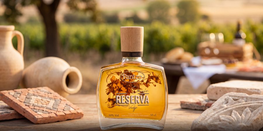Botella de Orujo Reserva de Panizo entre teselas y piedra romana